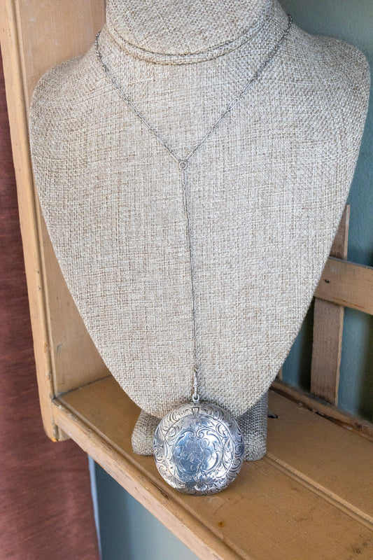 c1920 Art Deco Hand Engraved Round Locket Style Compact on Long Chain