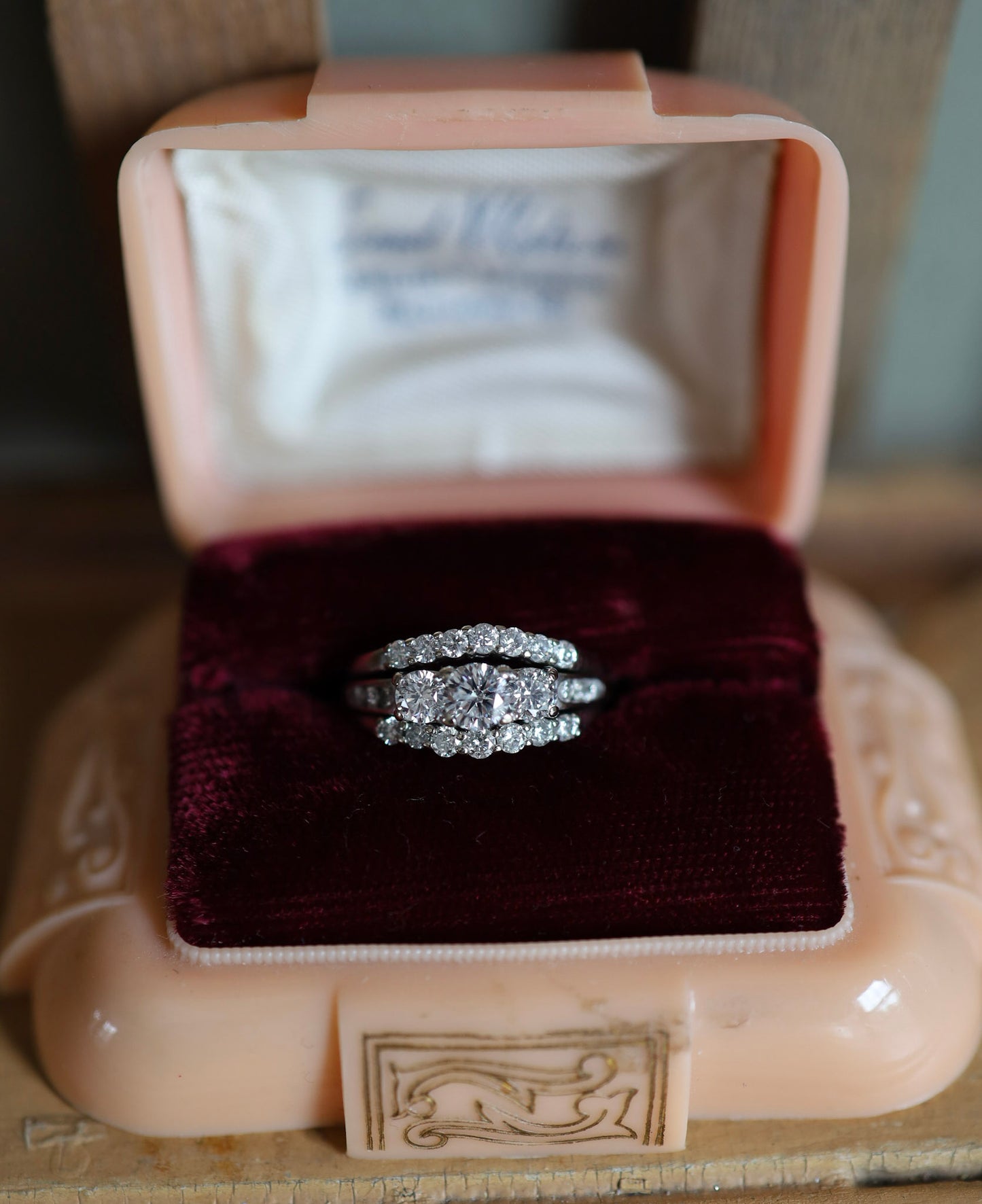 A 14K White Gold Past, Present, Future Natural Diamond Ring with Two Diamond Bands