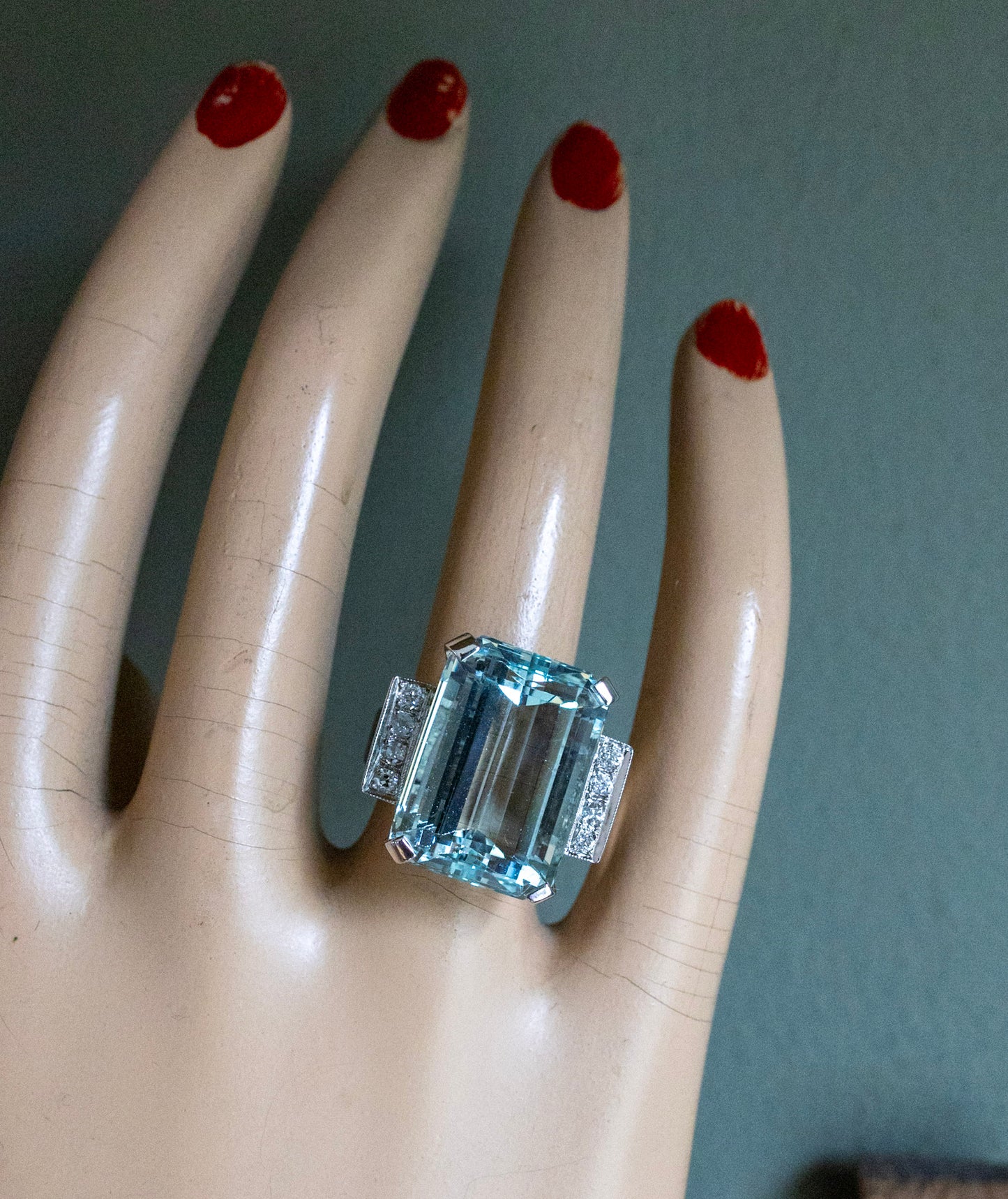 Mid Century Bold 14K White Gold 23 Ct Emerald Cut Aquamarine and Diamond Cocktail Ring
