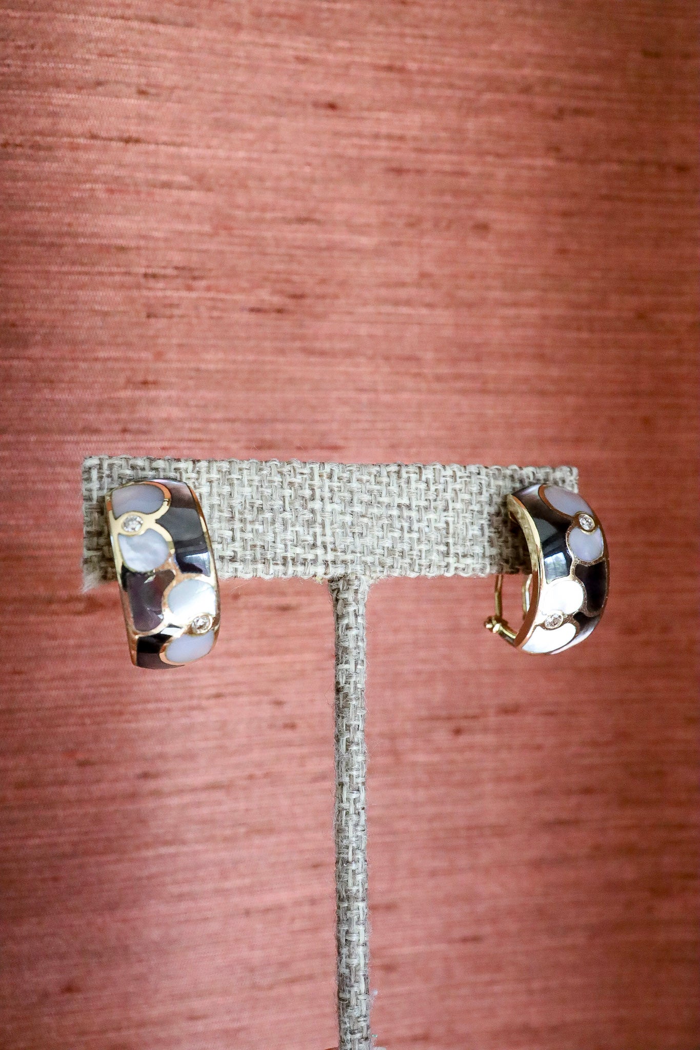 Designer Asch Grossbardt Inlay 18K Yellow Gold Half Hoop Earrings