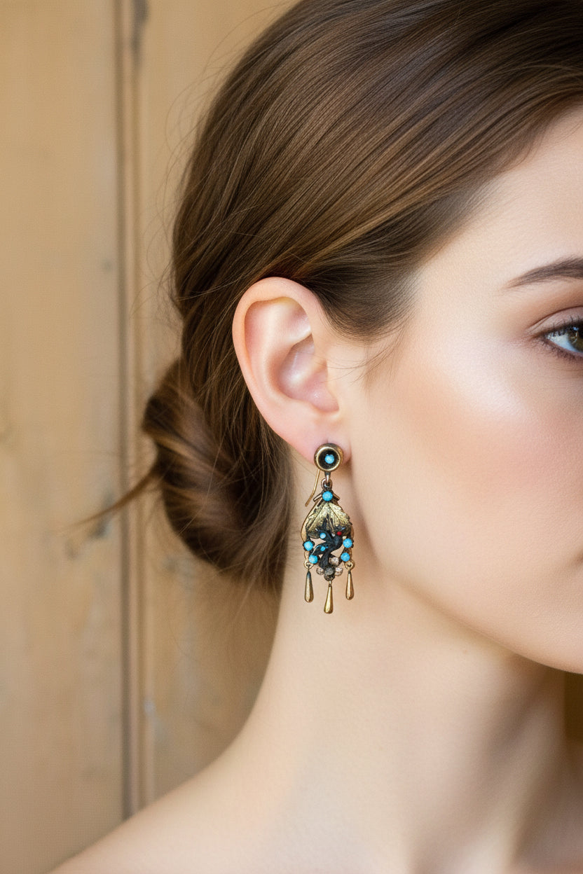 Antique 8-9K Tri Color Gold Mexican Made Bird Motif Dangle Earrings