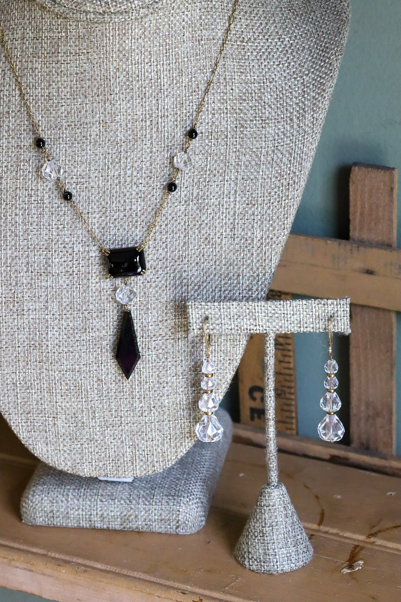 c1940 14K Yellow Gold Onyx and Crystal Necklace and Earrings