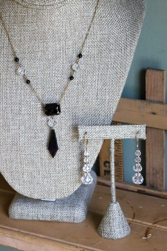 c1940 14K Yellow Gold Onyx and Crystal Necklace and Earrings