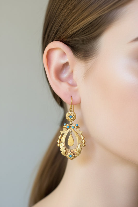 Antique Victorian 14K Yellow Gold Turquoise Set Dangle Earrings