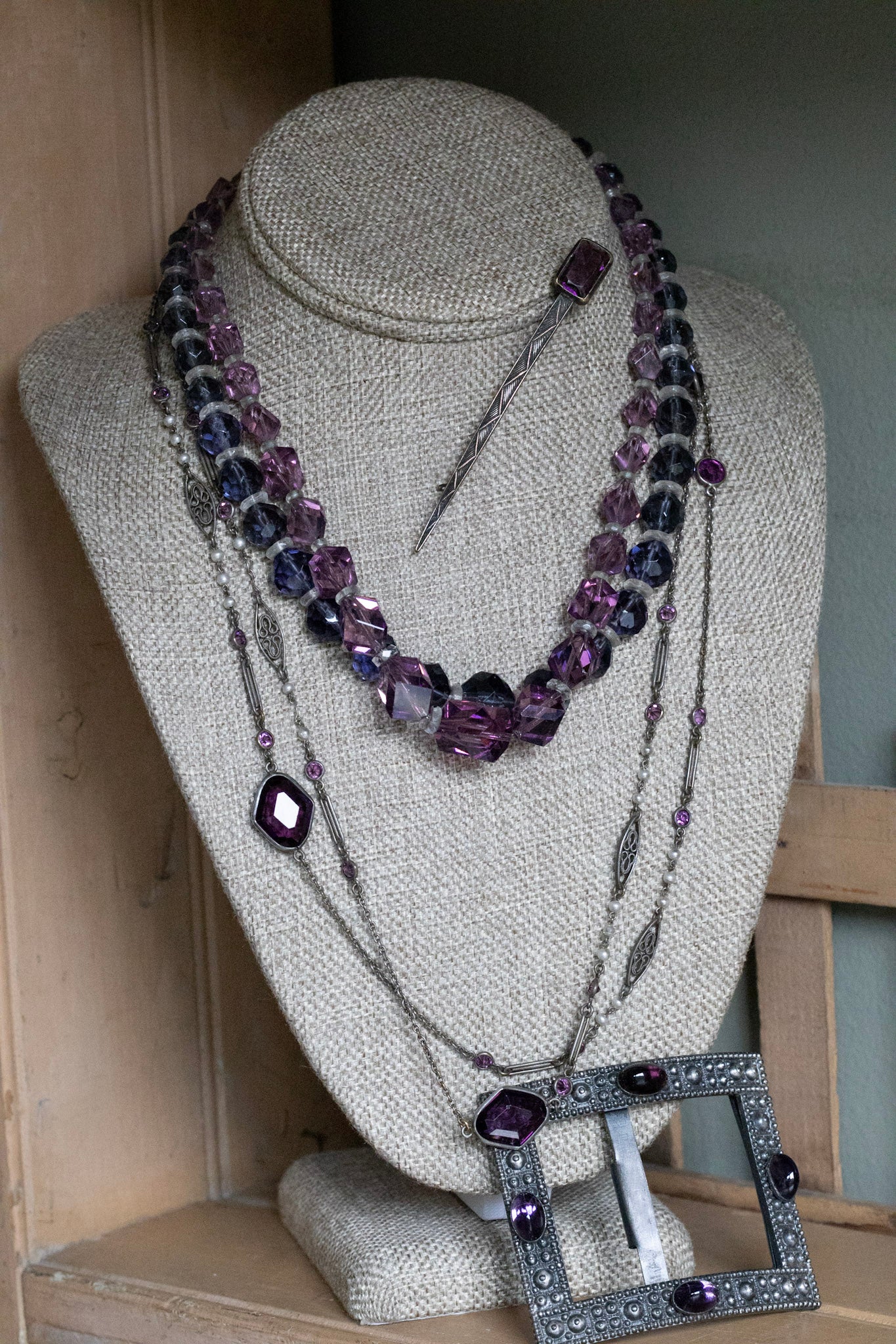 c1900 Antique Long Watch Chain with Glass Amethyst and Pearls