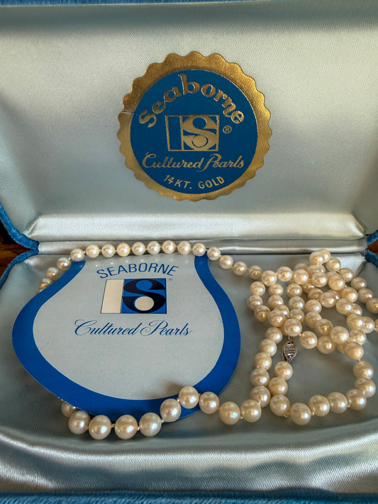 Vintage 14K White Gold Seaborne Cultured Pearl Strand 30 Inches