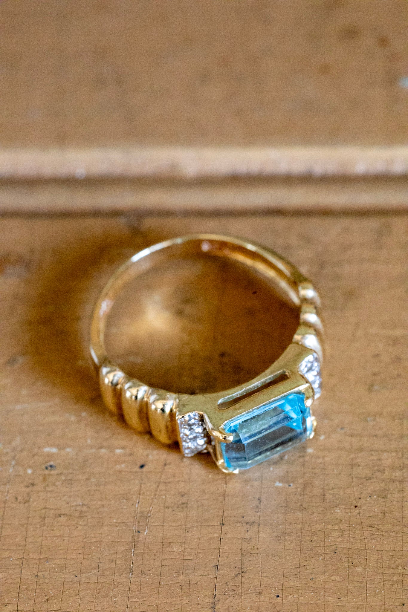 Vintage 14K Yellow Gold Emerald Cut Blue Topaz and Diamond Ring
