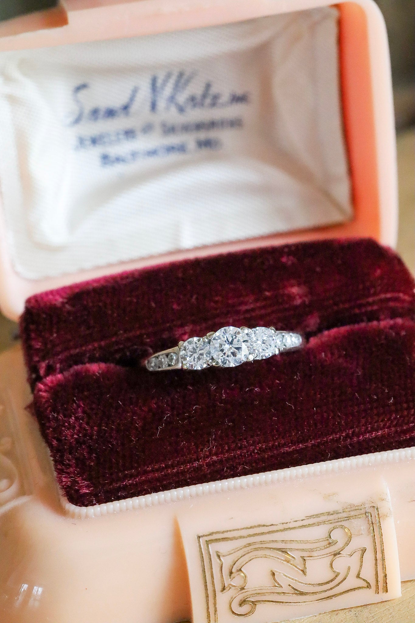 A 14K White Gold Past, Present, Future Natural Diamond Ring with Two Diamond Bands