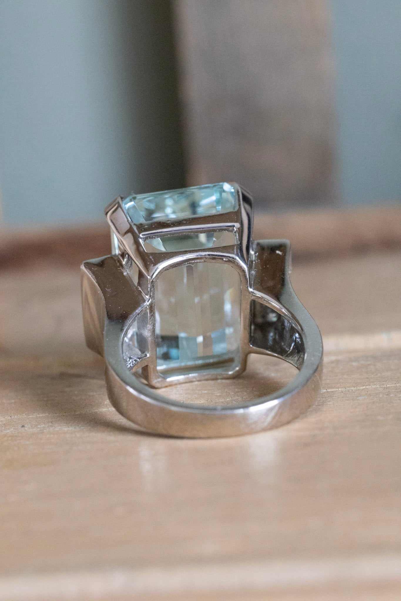 Mid Century Bold 14K White Gold 23 Ct Emerald Cut Aquamarine and Diamond Cocktail Ring