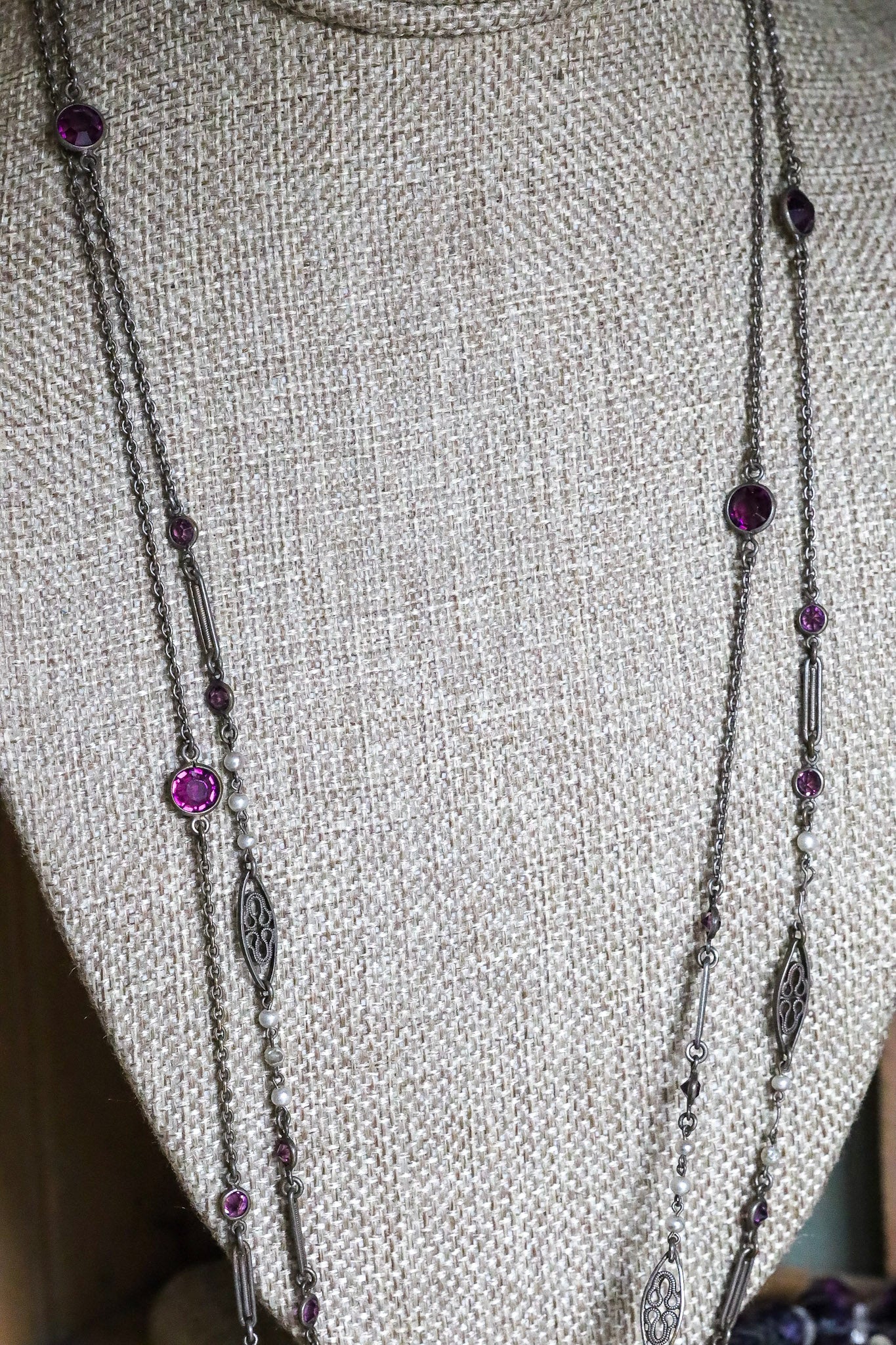 c1900 Antique Long Watch Chain with Glass Amethyst and Pearls