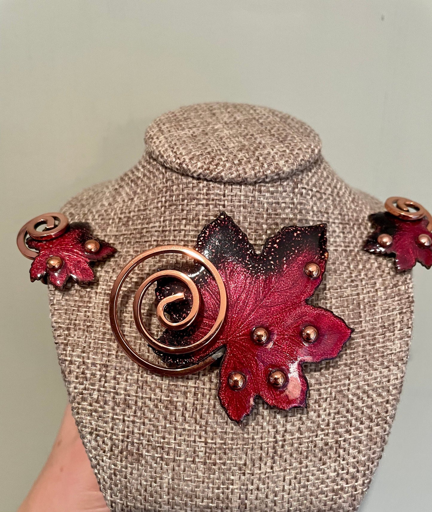 C1960 Matisse Enamel Copper Leaf Brooch and Clip Earrings