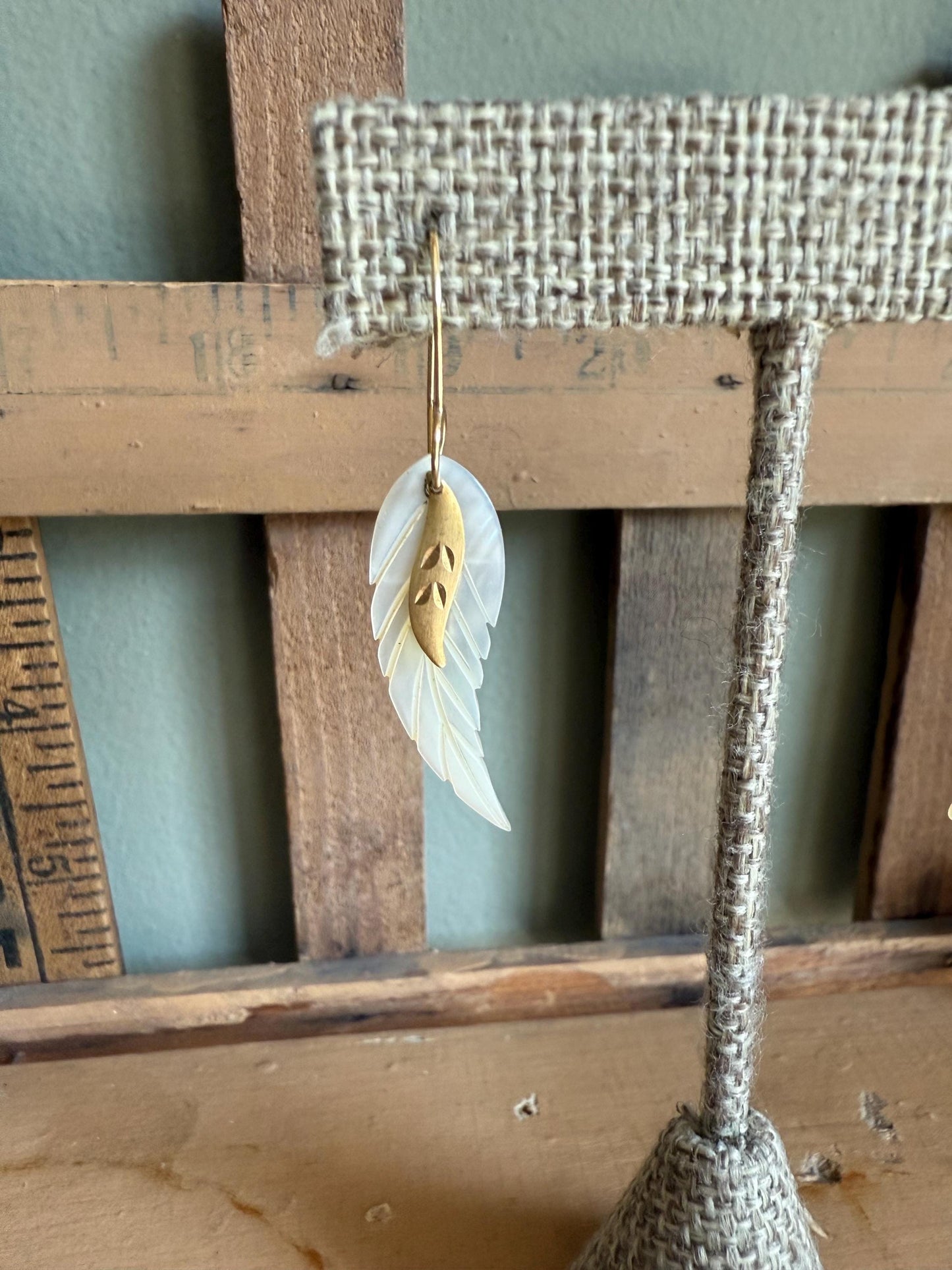 Vintage 14K Yellow Gold Carved Mother of Pearl Dangle Earrings