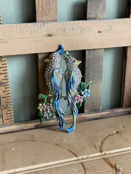 Rare Coro Duette Rhinestone Encrusted Parrot Dress Clips Brooch
