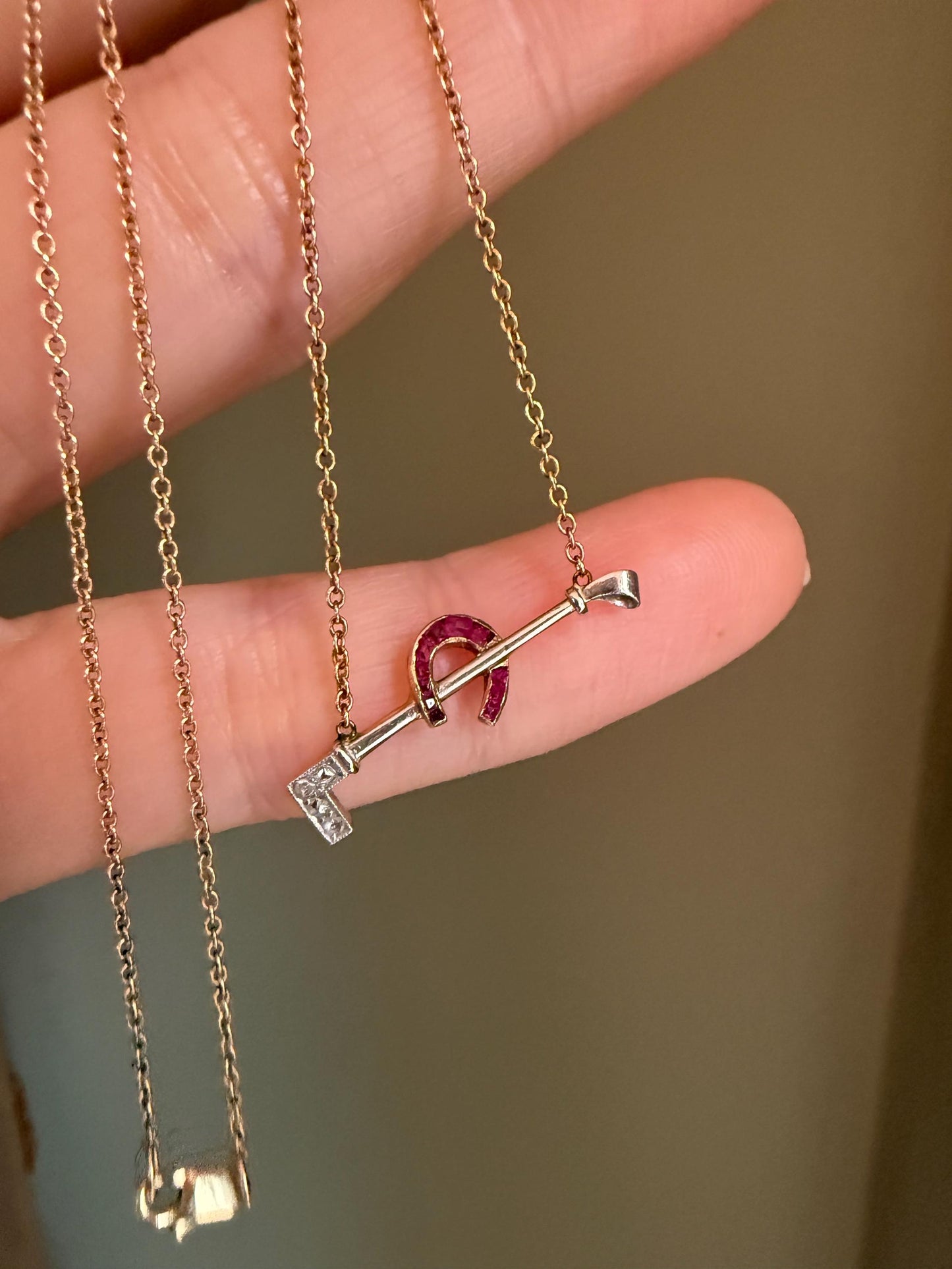 c1930 14K Yellow and White Gold Horse Crop and Lucky Ruby Set Horseshoe Necklace