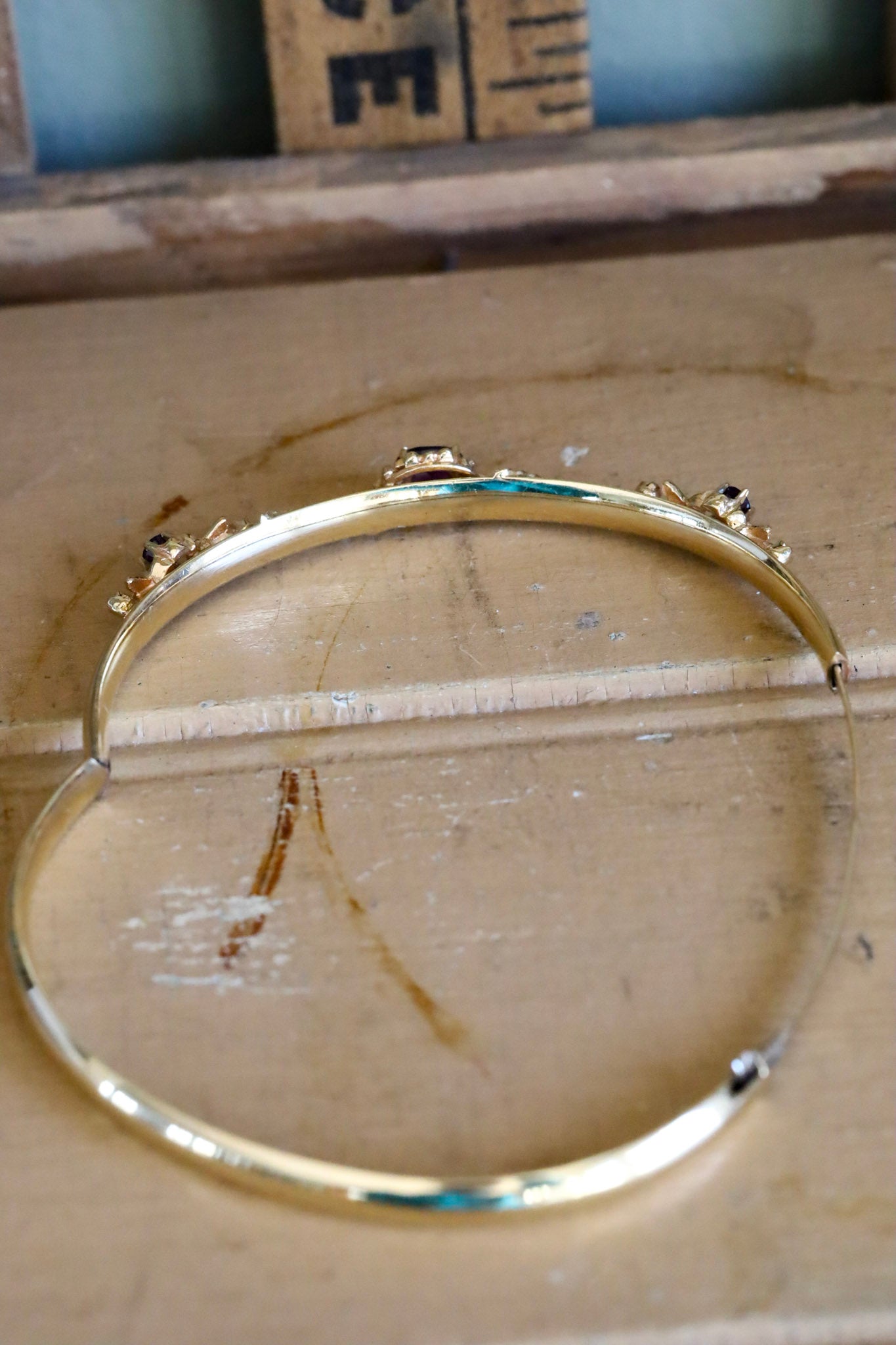 14K Yellow Gold Victorian Revival Amethyst Bracelet Bangle