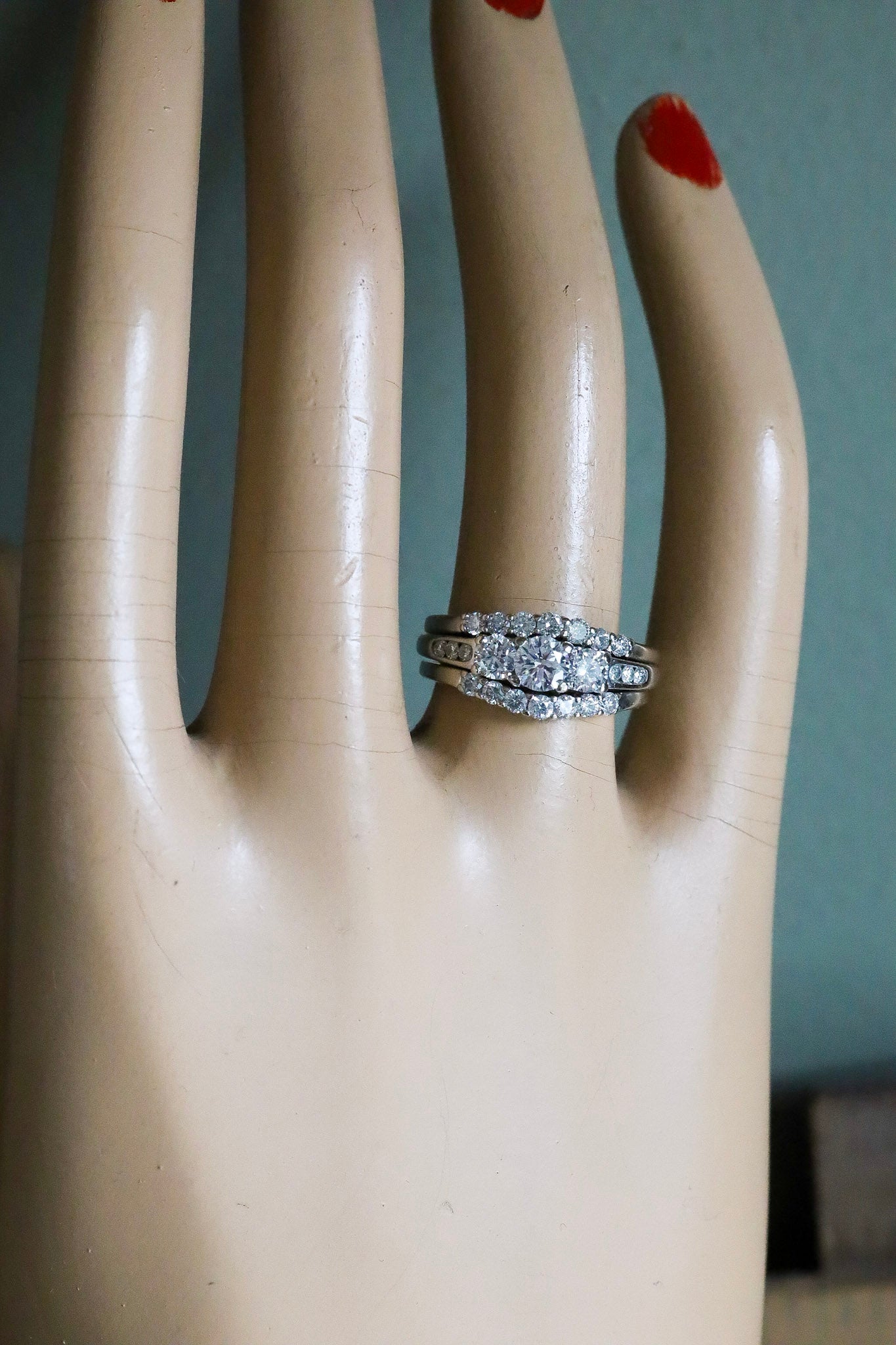 A 14K White Gold Past, Present, Future Natural Diamond Ring with Two Diamond Bands