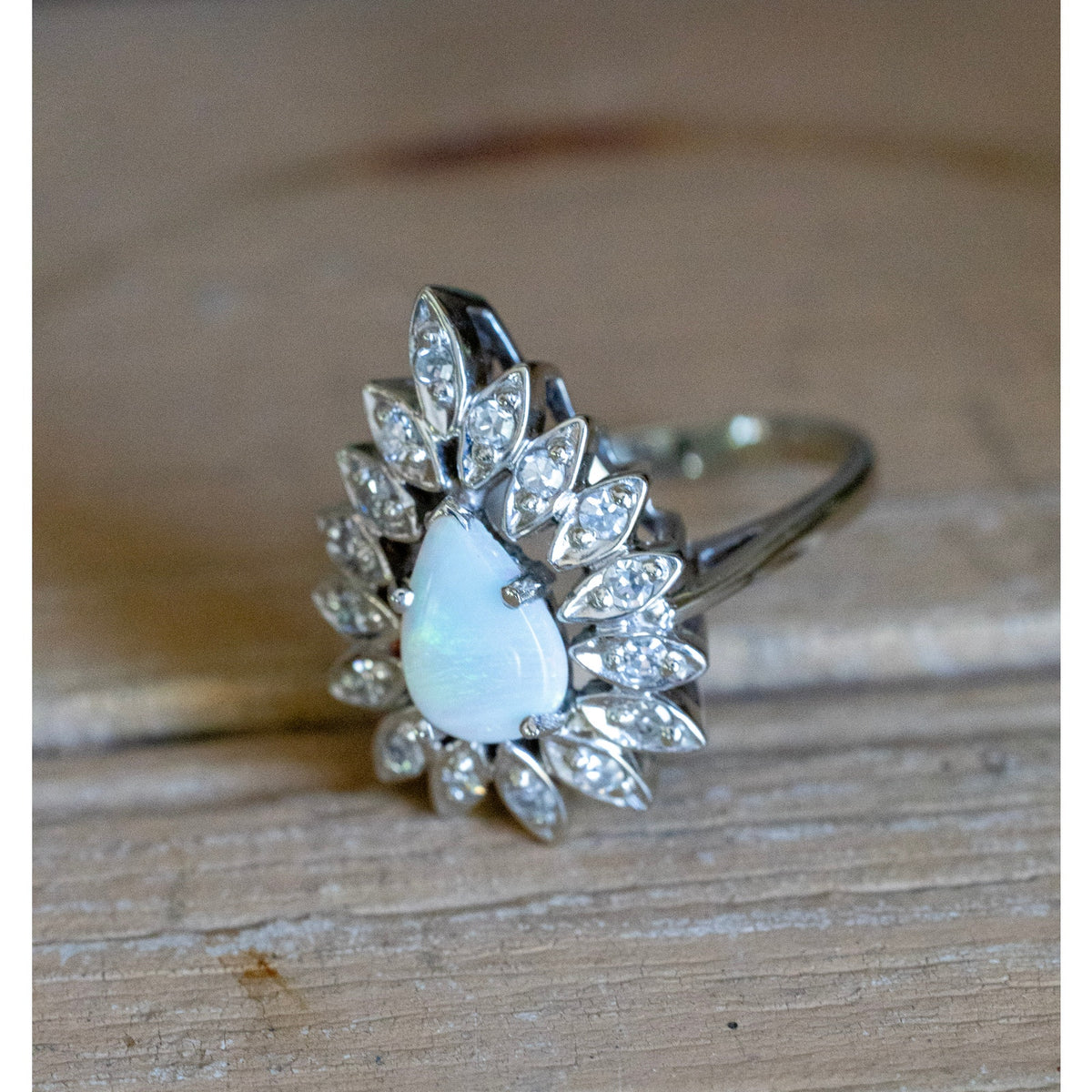 1960'S 14K White Gold Bold Opal and Diamond Cocktail Ring