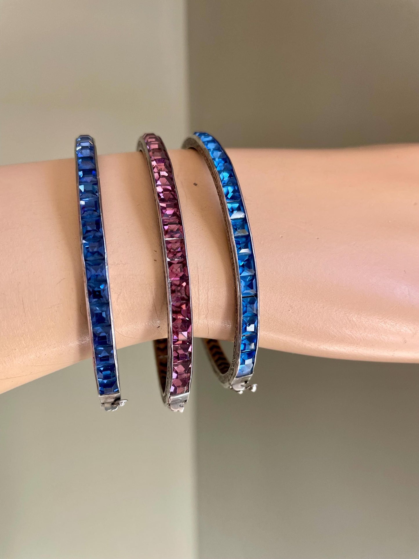 Art Deco Sterling Silver Bracelet Bangle: Ceylon Blue & Rose Cut Glass