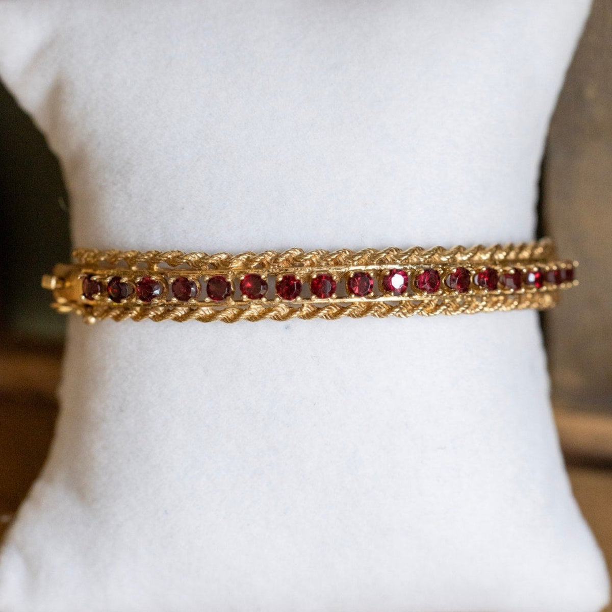 1960-1970 Vintage 14K Yellow Gold Garnet Bangle with Engraving