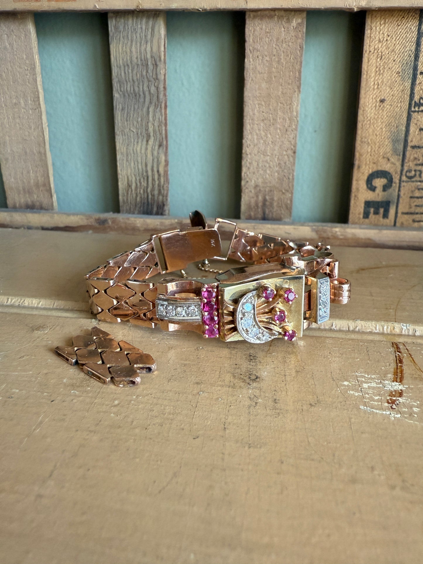 Vintage 1930’s 14K Rose, Green and White Gold Art Deco Ruby and Diamond Surprise Watch