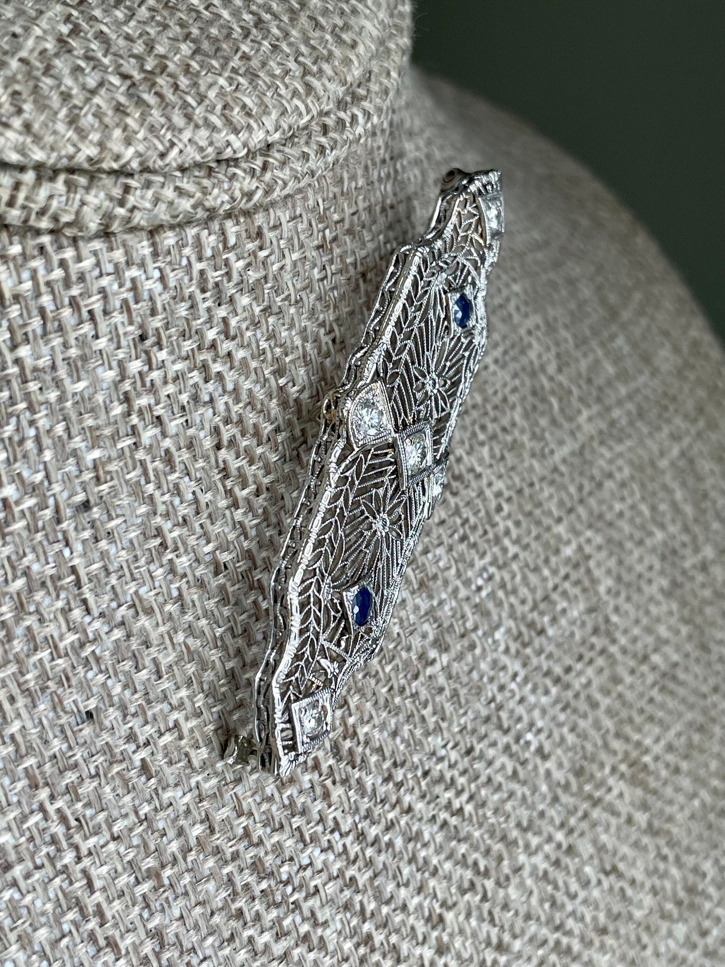 1930-1940 14K White Gold Filigree Diamond and Sapphire Brooch