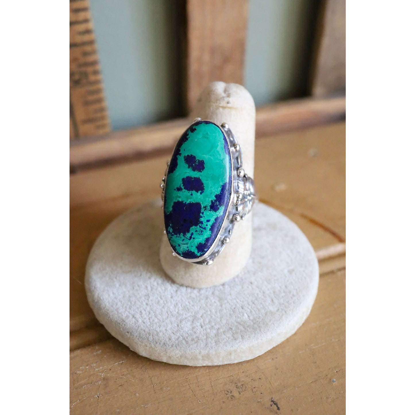 Vintage Sterling Silver Azurite Malachite Statement Ring in an Arts & Crafts Style