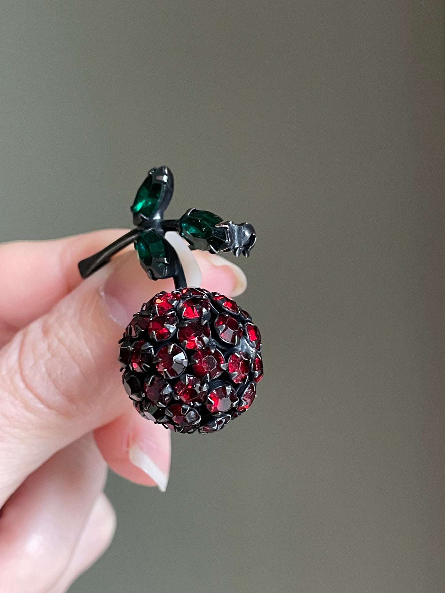 c1950 Warmer Juicy Cherry Rhinestone Brooch