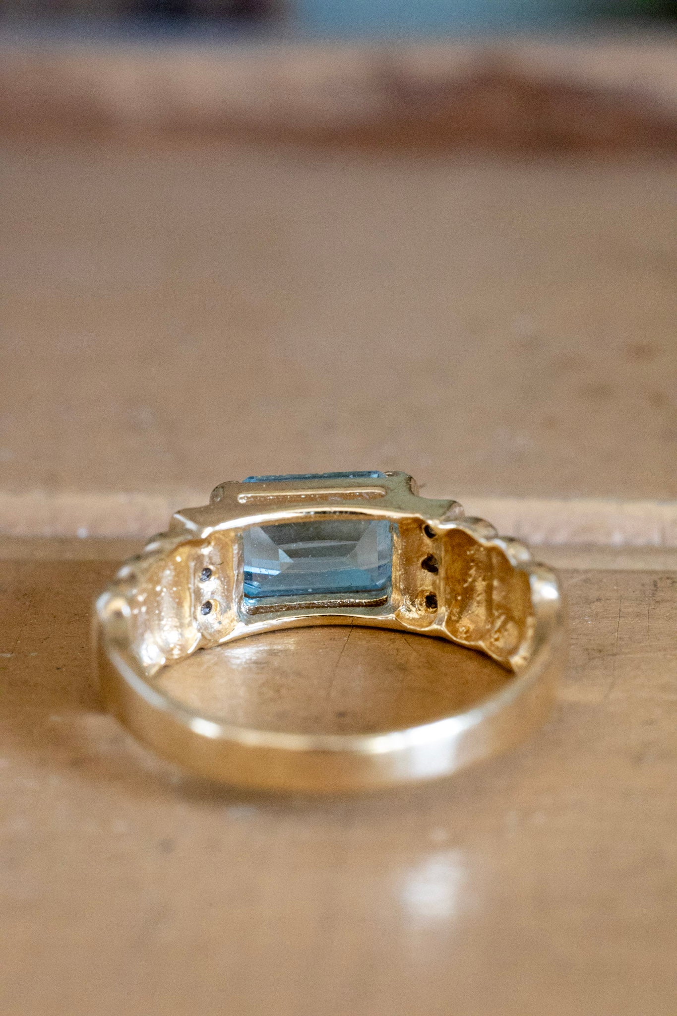 Vintage 14K Yellow Gold Emerald Cut Blue Topaz and Diamond Ring