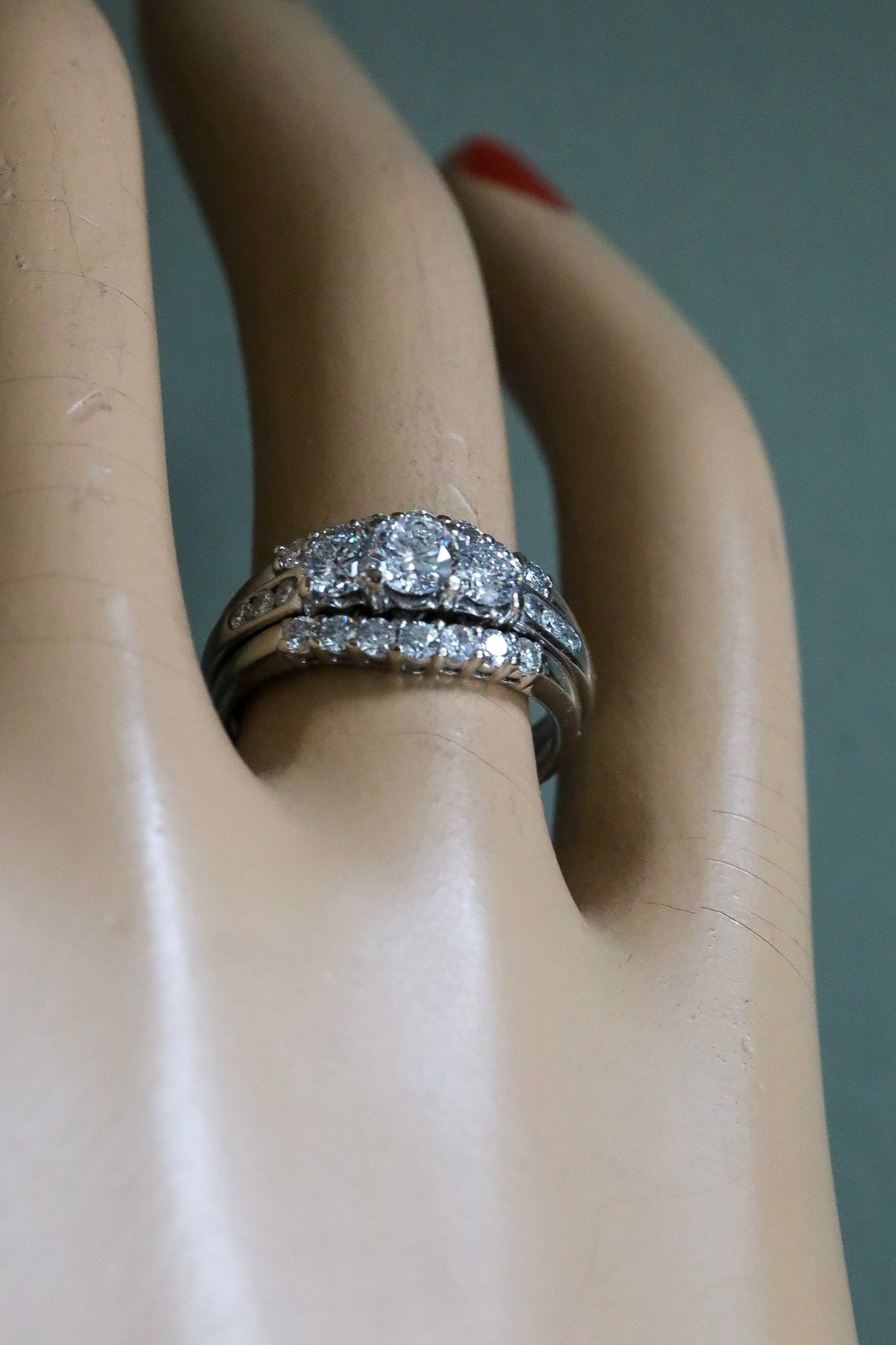 A 14K White Gold Past, Present, Future Natural Diamond Ring with Two Diamond Bands