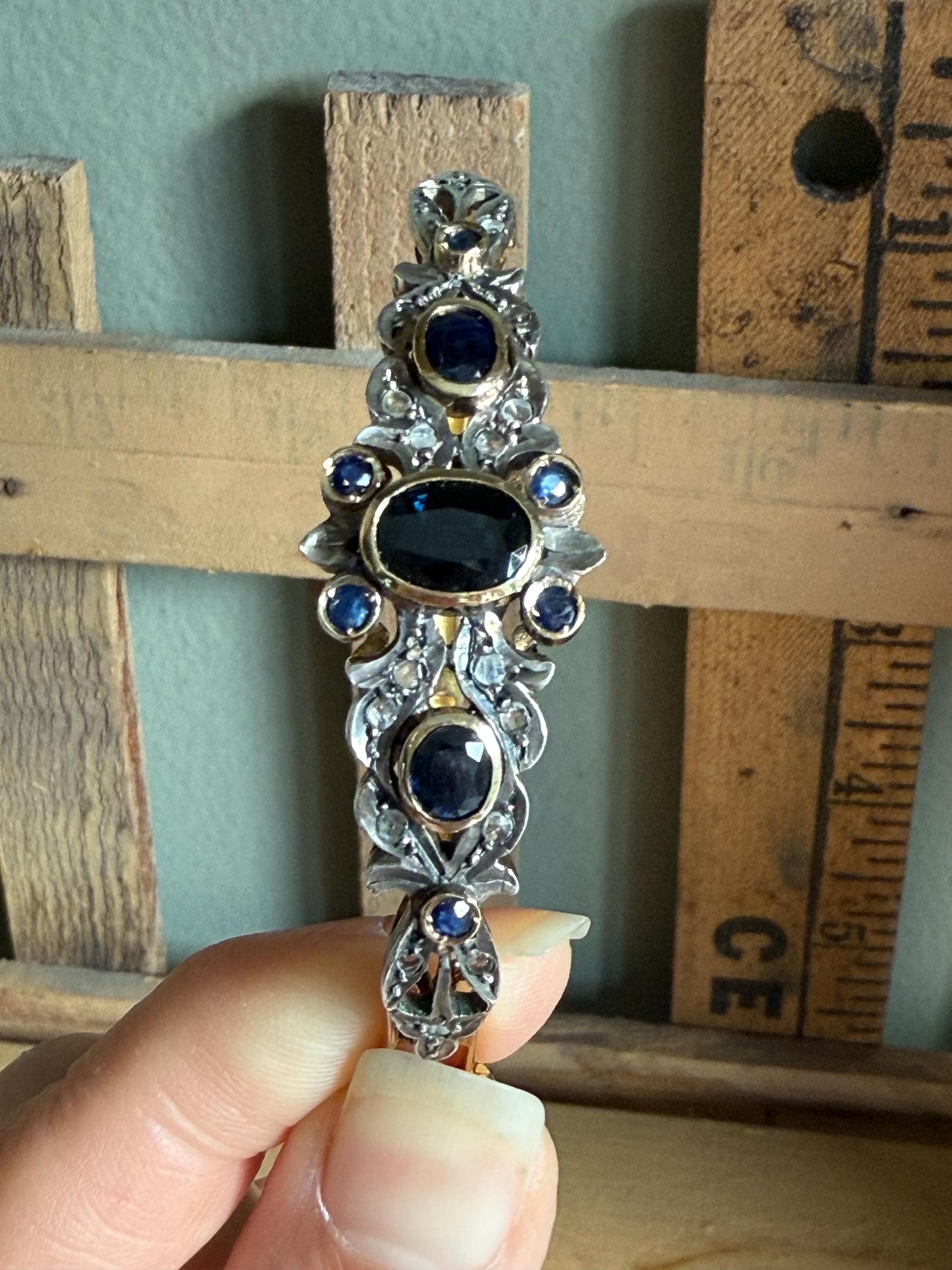Vintage Italian Natural Sapphire and Diamond 18K Yellow Gold and Sterling Silver Topped Bangle Bracelet