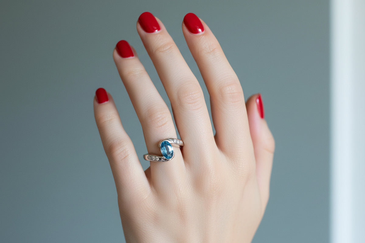 Handmade Vintage 14K White Gold Aquamarine and Diamond Ring