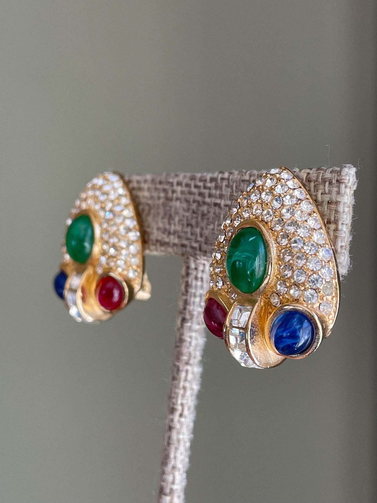 Christian Dior GROSSE 1960 Glass Ruby Sapphire Emerald Designer Clip Earrings