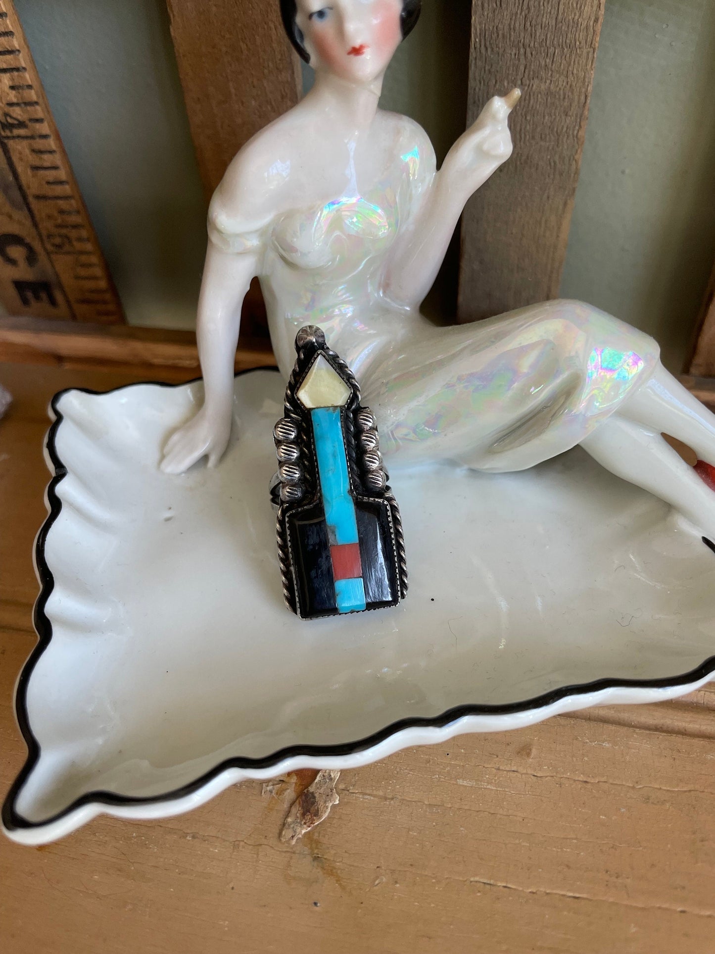 1920-1950 John Gordon Leek Zuni Inlay Arrow Ring Sterling Silver