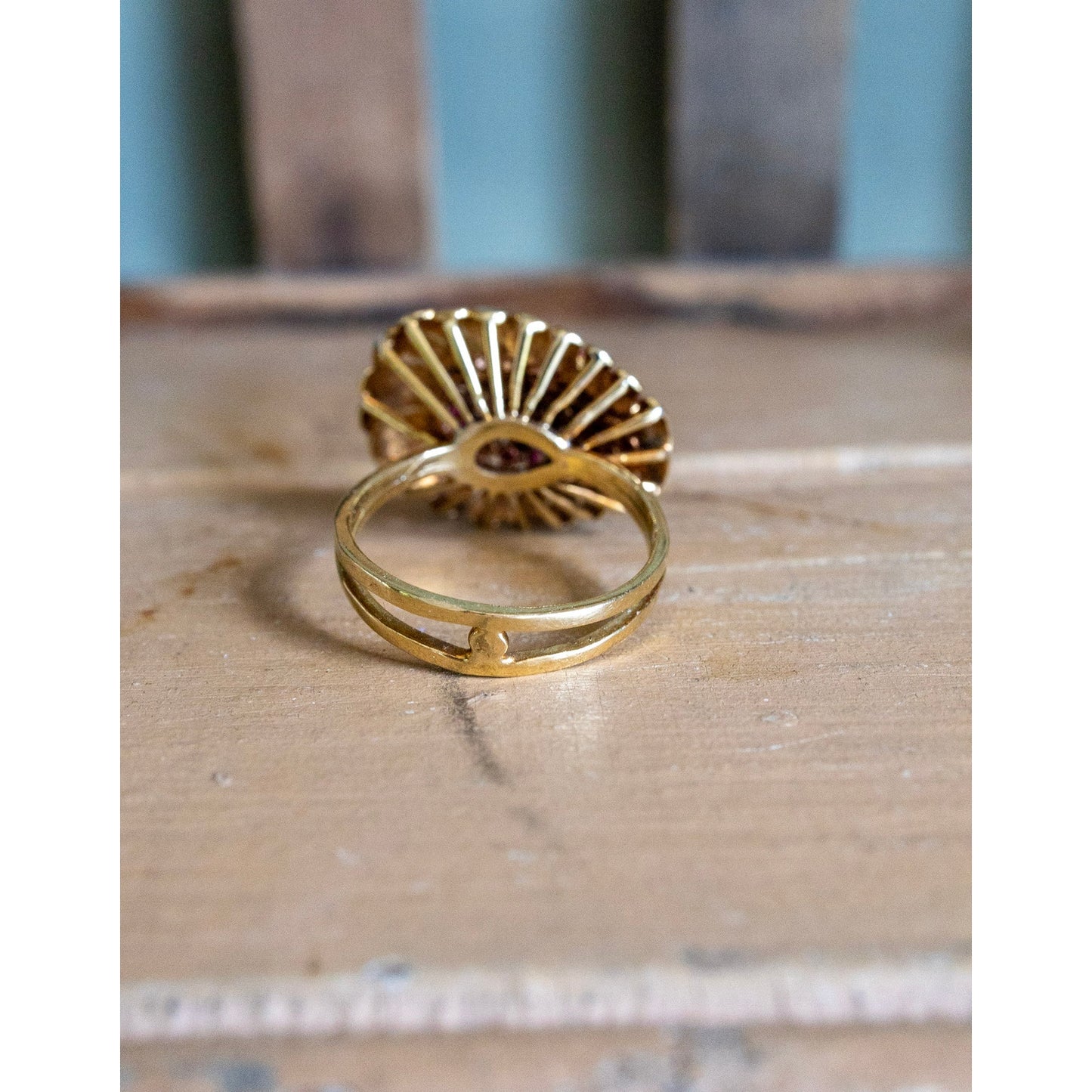 Mid Century 1950's 18K Yellow Gold Ruby Set Cocktail Ring