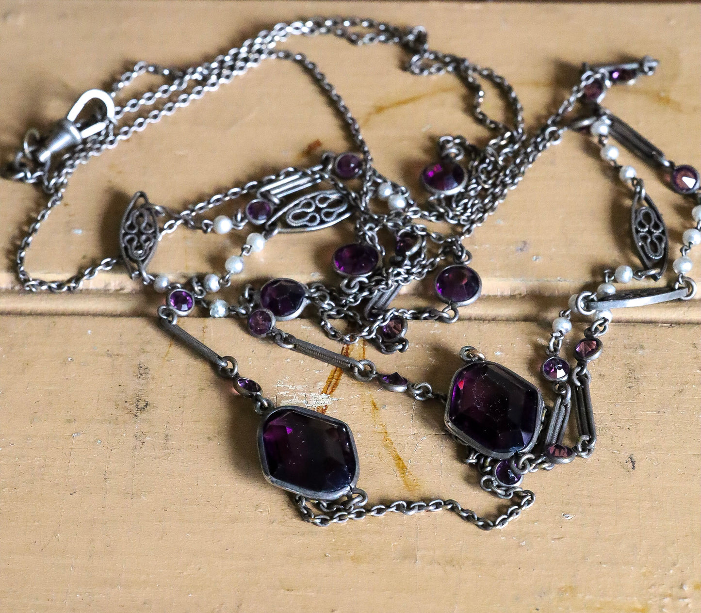 c1900 Antique Long Watch Chain with Glass Amethyst and Pearls