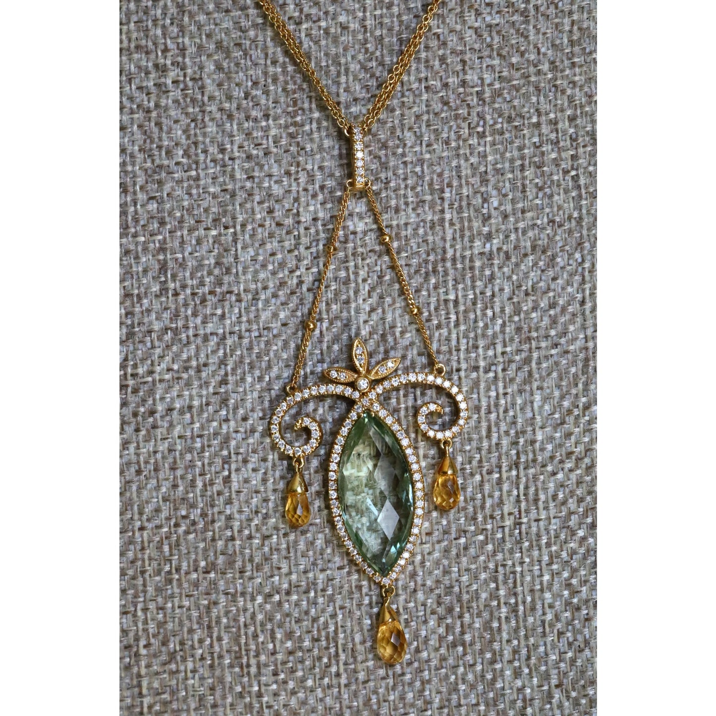 Vintage 18K Yellow Gold Art Nouveau Inspired Prasiolite, Diamond and Citrine Necklace