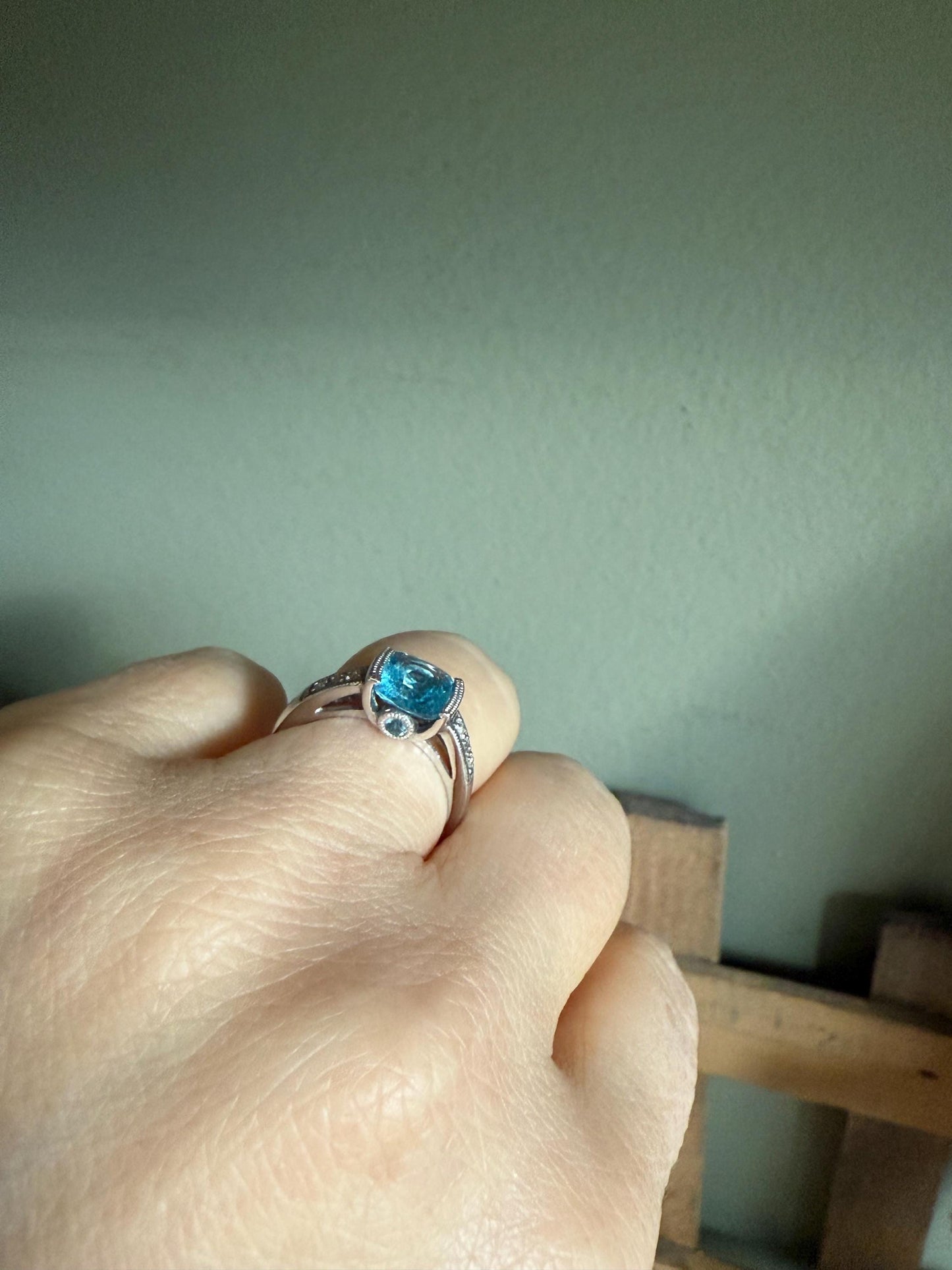 Vintage 10K White Gold Cushion Cut Blue Topaz and Diamond Ring