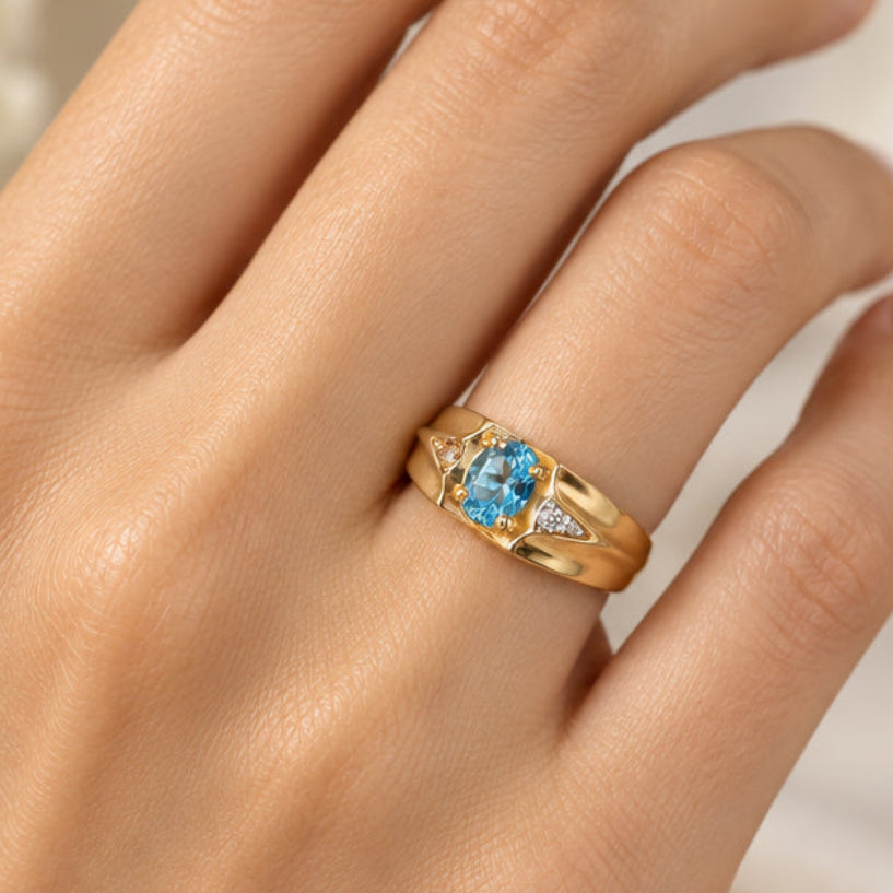 Vintage 14K Yellow Gold Oval Blue Topaz and Diamond Ring