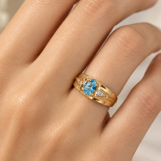 Vintage 14K Yellow Gold Oval Blue Topaz and Diamond Ring