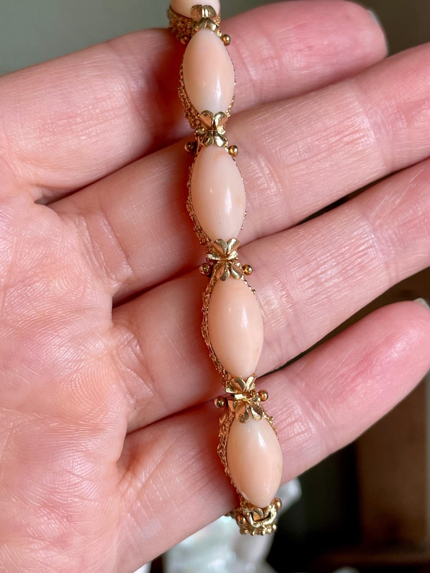 1960's Angel Skin Coral 14K Yellow Gold Bracelet
