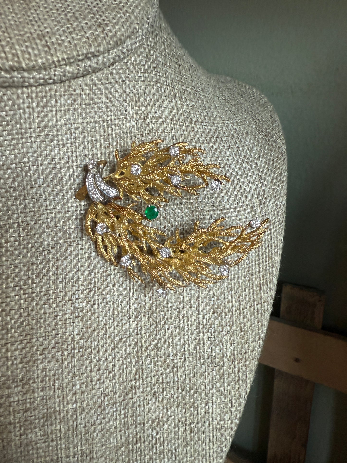 C1960 18K Yellow and White Gold Diamond and Emerald Spray Brooch by Arnold & Steere Co.