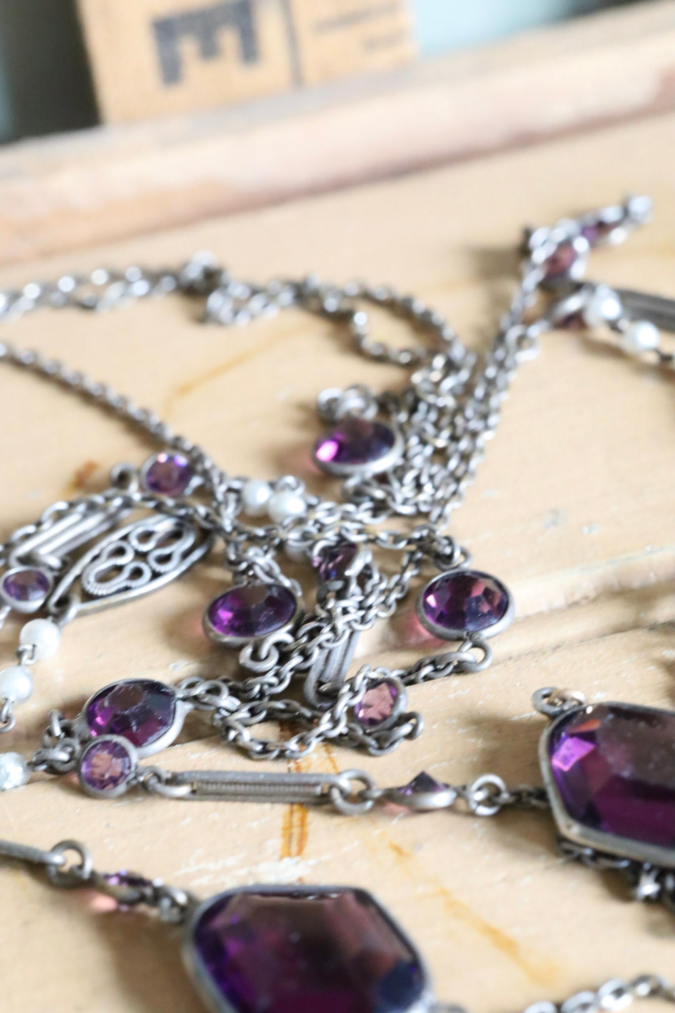 c1900 Antique Long Watch Chain with Glass Amethyst and Pearls