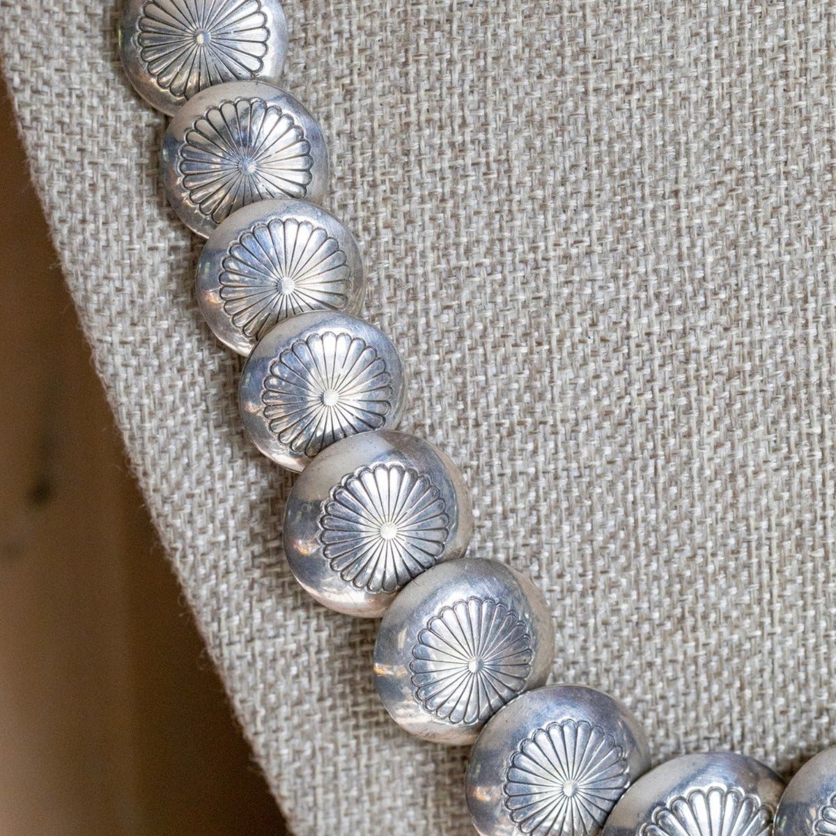 Vintage Sterling Silver Navajo Pillow Bead Concha Stamped Strand