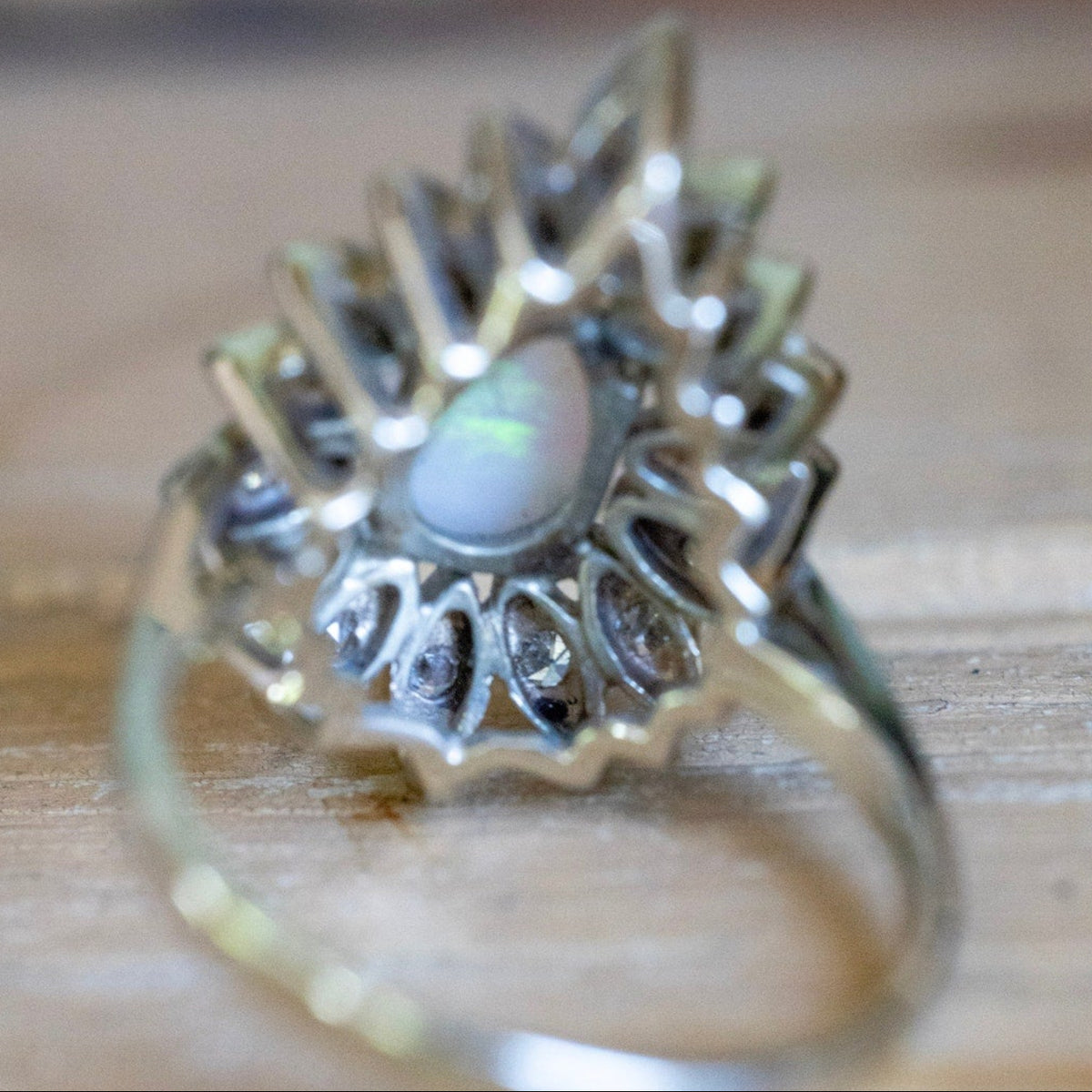 1960'S 14K White Gold Bold Opal and Diamond Cocktail Ring
