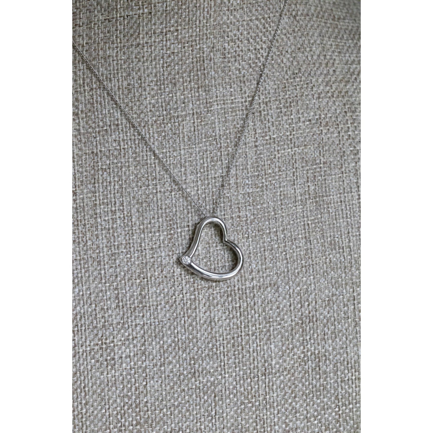 14K White Gold Open Heart Pendant with Natural Round Brilliant Cut Diamond on 14K Gold Chain