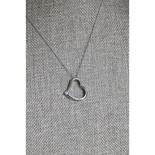 14K White Gold Open Heart Pendant with Natural Round Brilliant Cut Diamond on 14K Gold Chain