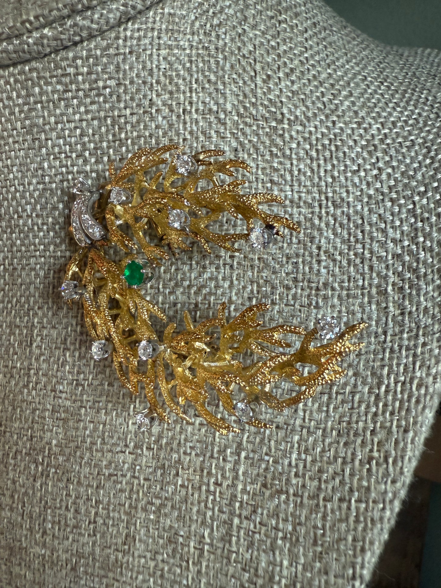 C1960 18K Yellow and White Gold Diamond and Emerald Spray Brooch by Arnold & Steere Co.