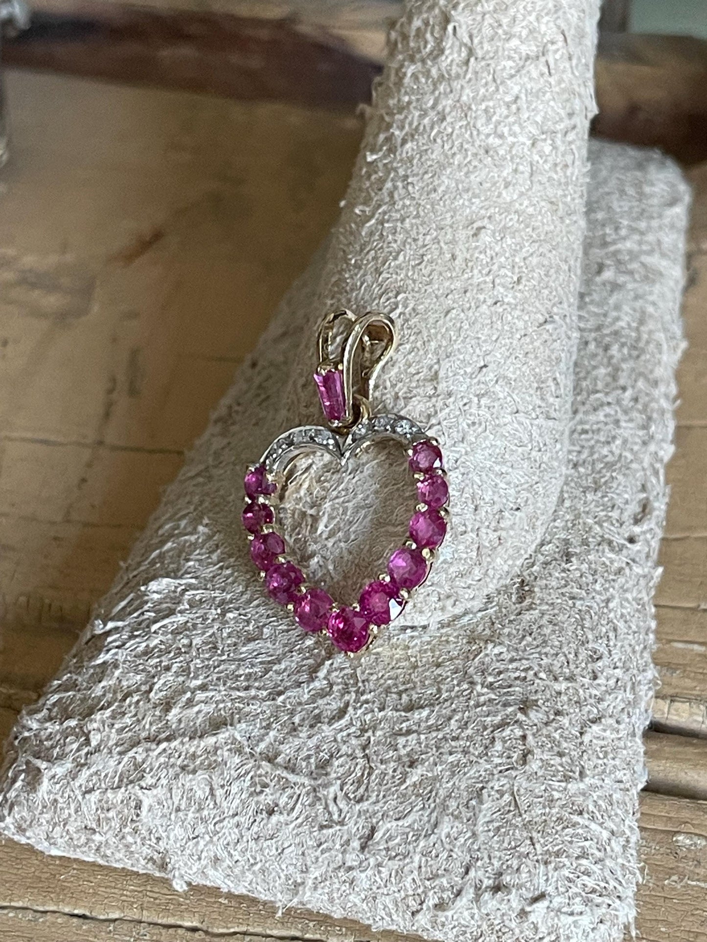 HOLD Vintage 14K Yellow and White Gold Ruby and Diamond Open Heart Pendant