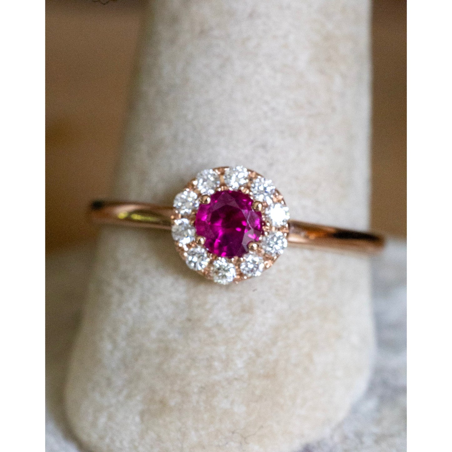 14K Rose Gold Natural Ruby and Diamond Halo Ring