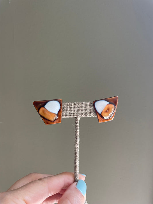 Kay Denning 1960's Brown and White Hand Enameled Earrings